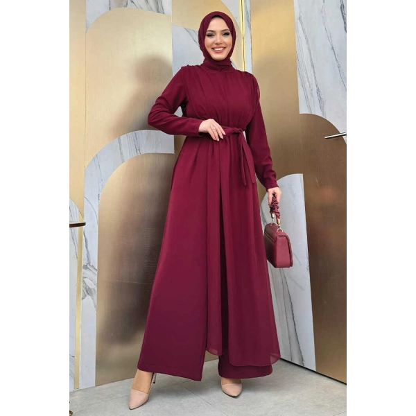 Şifon Pelerin Detay Bel Kuşaklı Tulum 3330 Bordo