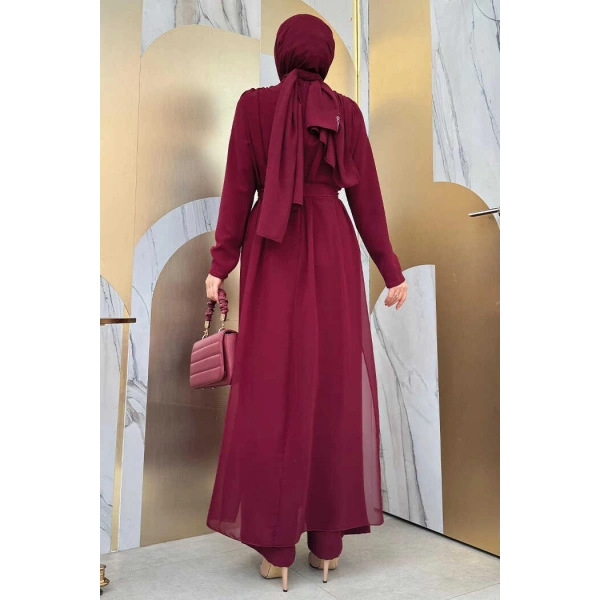 Şifon Pelerin Detay Bel Kuşaklı Tulum 3330 Bordo