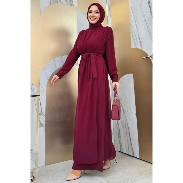 Şifon Pelerin Detay Bel Kuşaklı Tulum 3330 Bordo