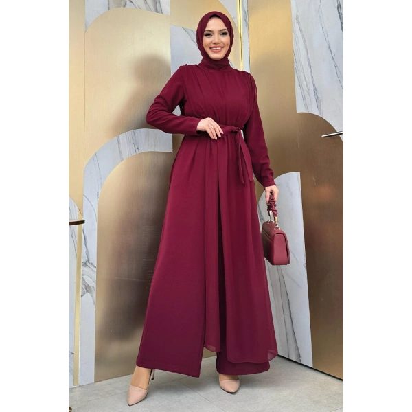 Şifon Pelerin Detay Bel Kuşaklı Tulum 3330 Bordo