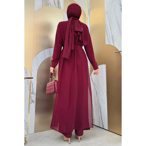 Şifon Pelerin Detay Bel Kuşaklı Tulum 3330 Bordo