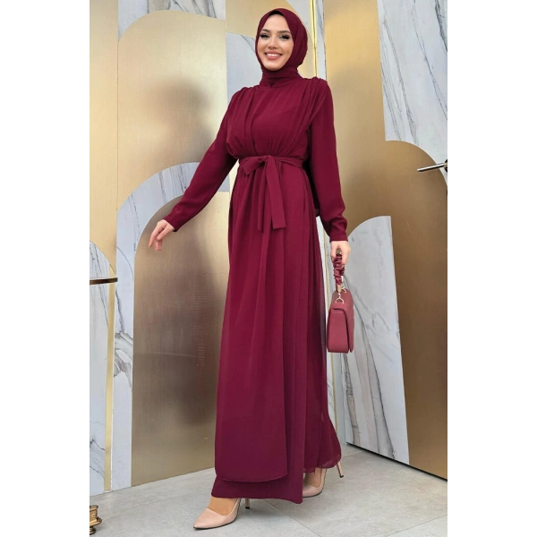 Şifon Pelerin Detay Bel Kuşaklı Tulum 3330 Bordo