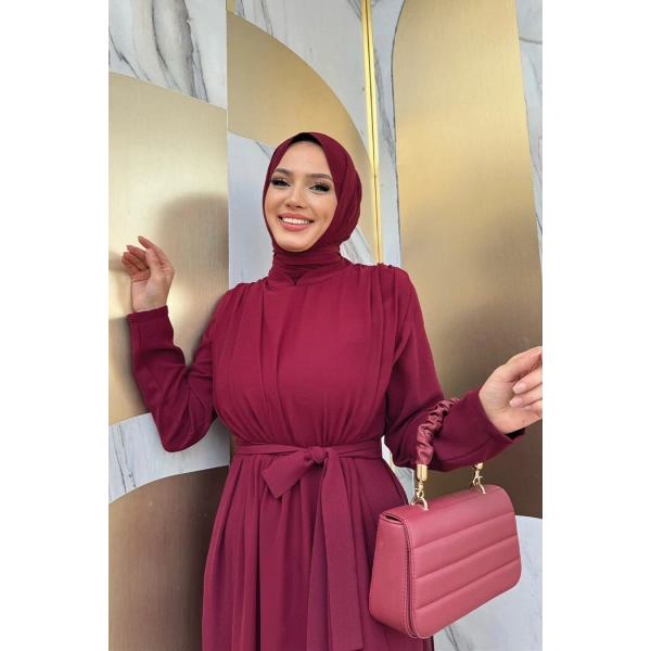 Şifon Pelerin Detay Bel Kuşaklı Tulum 3330 Bordo