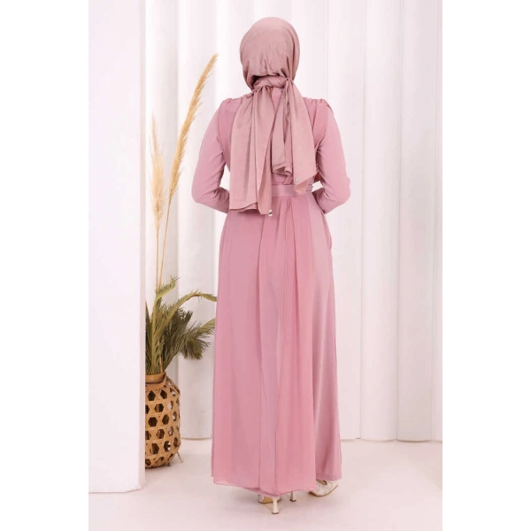 Şifon Pelerin Detay Bel Kuşaklı Tulum 3330 Pudra