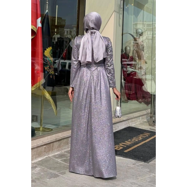 Simli Taş Detaylı Abiye 3934 Gri