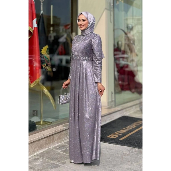 Simli Taş Detaylı Abiye 3934 Gri