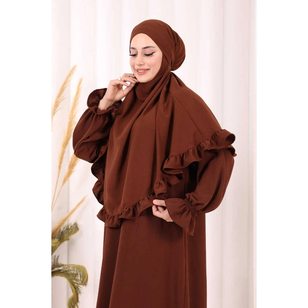 Sufleli Namaz Elbisesi 6034 Kahverengi
