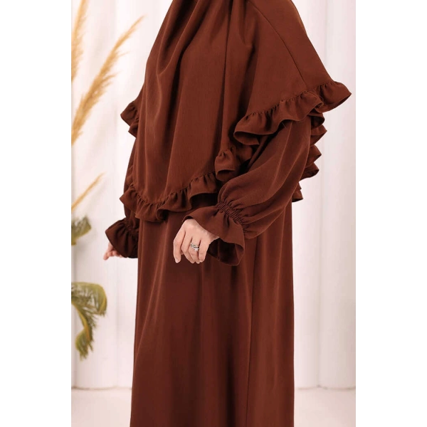Sufleli Namaz Elbisesi 6034 Kahverengi