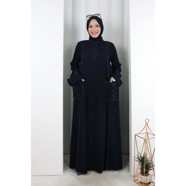 Süs Dikişli Şallı Elbise 7015 Lacivert