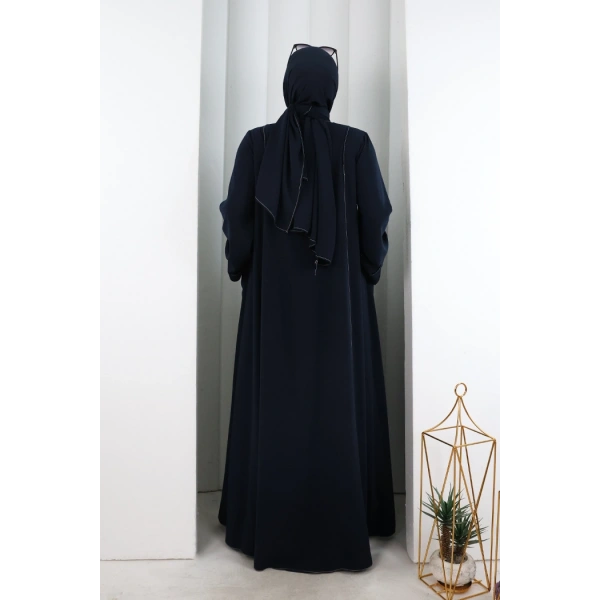 Süs Dikişli Şallı Elbise 7015 Lacivert