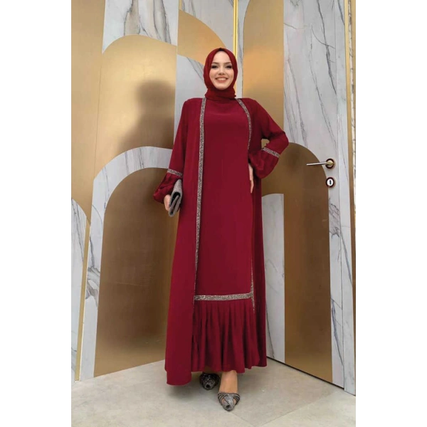 Taş Detaylı Abaya Sıfır Kol Elbise Takım 3657 Bordo