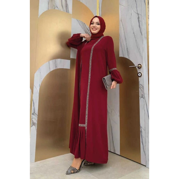 Taş Detaylı Abaya Sıfır Kol Elbise Takım 3657 Bordo