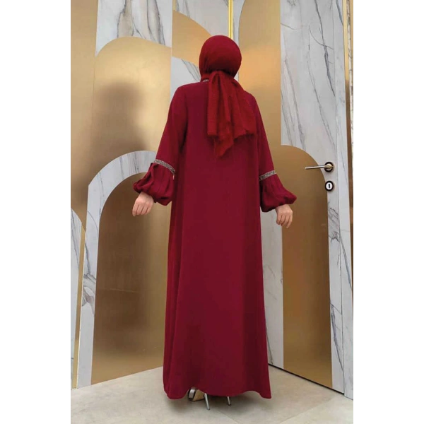 Taş Detaylı Abaya Sıfır Kol Elbise Takım 3657 Bordo