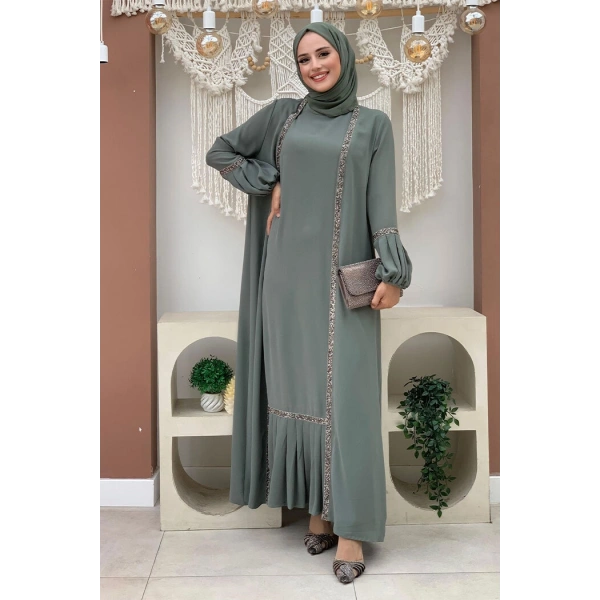 Taş Detaylı Abaya Sıfır Kol Elbise Takım 3657 Mint