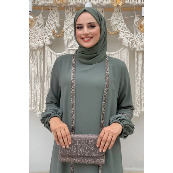 Taş Detaylı Abaya Sıfır Kol Elbise Takım 3657 Mint