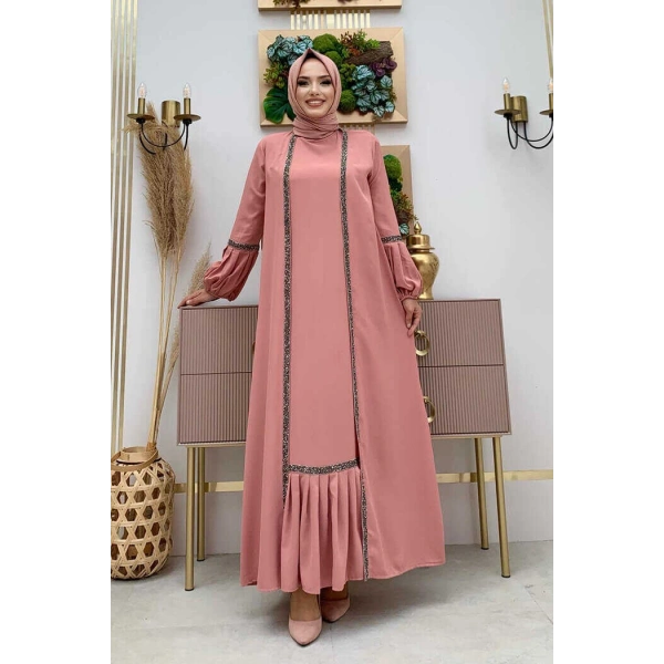 Taş Detaylı Abaya Sıfır Kol Elbise Takım 3657 Pudra