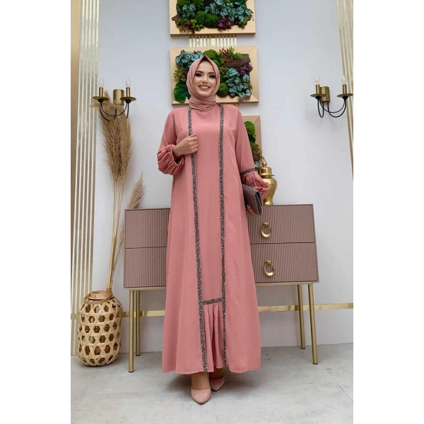 Taş Detaylı Abaya Sıfır Kol Elbise Takım 3657 Pudra