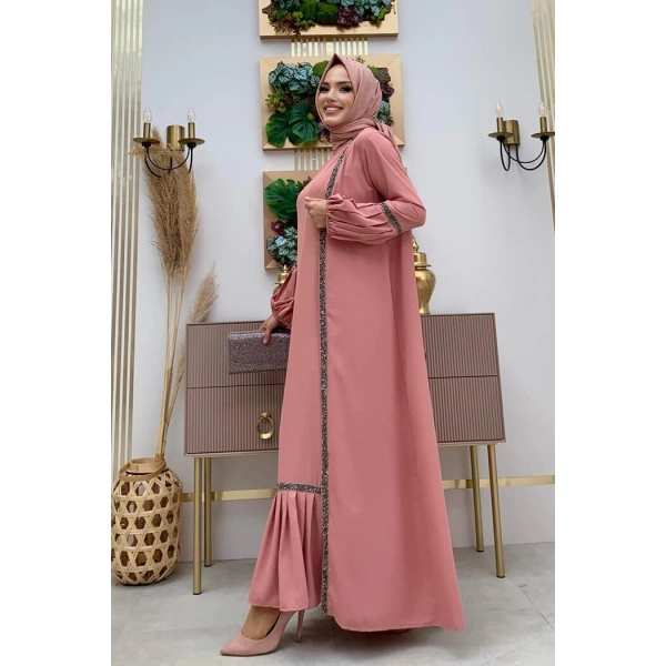 Taş Detaylı Abaya Sıfır Kol Elbise Takım 3657 Pudra