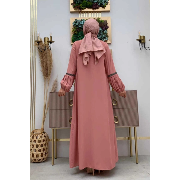 Taş Detaylı Abaya Sıfır Kol Elbise Takım 3657 Pudra
