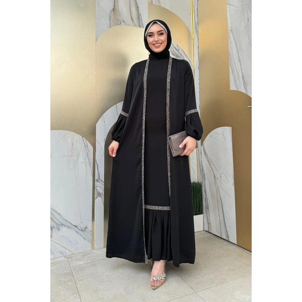 Taş Detaylı Abaya Sıfır Kol Elbise Takım 3657 Siyah