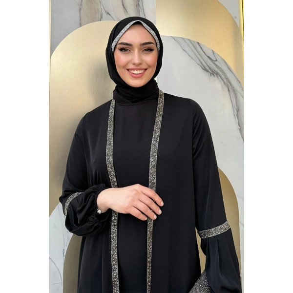 Taş Detaylı Abaya Sıfır Kol Elbise Takım 3657 Siyah