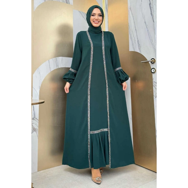 Taş Detaylı Abaya Sıfır Kol Elbise Takım 3657 Zümrüt