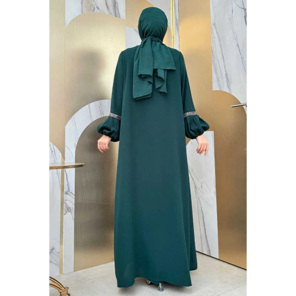 Taş Detaylı Abaya Sıfır Kol Elbise Takım 3657 Zümrüt