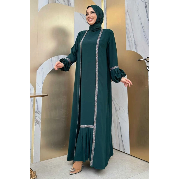 Taş Detaylı Abaya Sıfır Kol Elbise Takım 3657 Zümrüt
