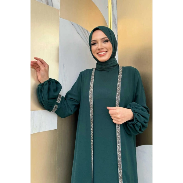 Taş Detaylı Abaya Sıfır Kol Elbise Takım 3657 Zümrüt