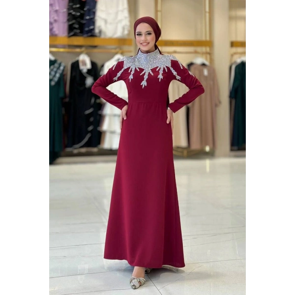 Taş Detaylı Abiye Elbise 3916 Bordo
