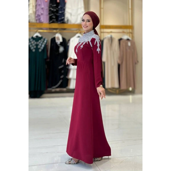 Taş Detaylı Abiye Elbise 3916 Bordo