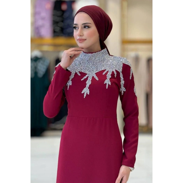 Taş Detaylı Abiye Elbise 3916 Bordo