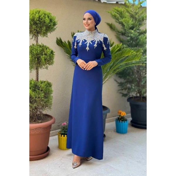 Taş Detaylı Abiye Elbise 3916 Lacivert