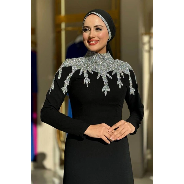 Taş Detaylı Abiye Elbise 3916 Siyah