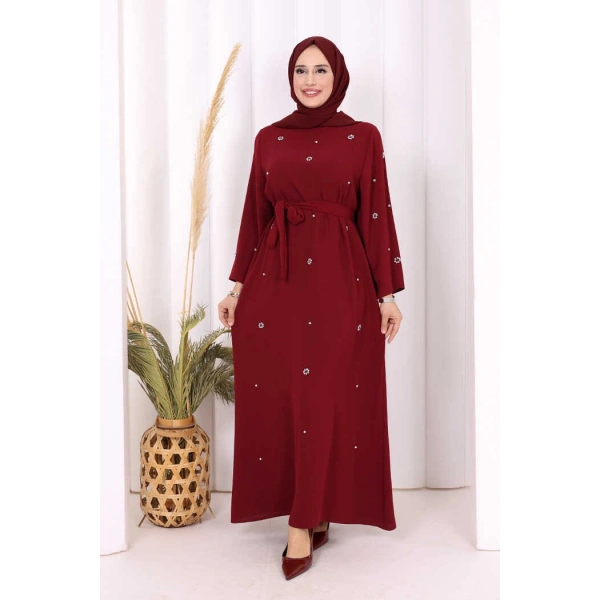 Taş Detaylı Bel Kuşaklı Elbise 3797 Bordo