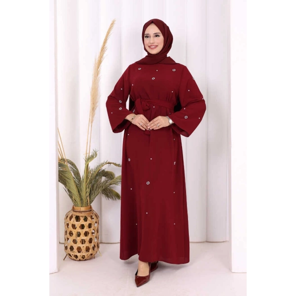 Taş Detaylı Bel Kuşaklı Elbise 3797 Bordo