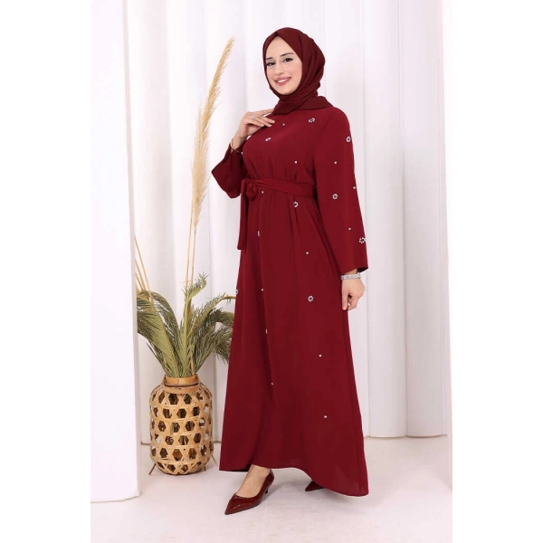 Taş Detaylı Bel Kuşaklı Elbise 3797 Bordo