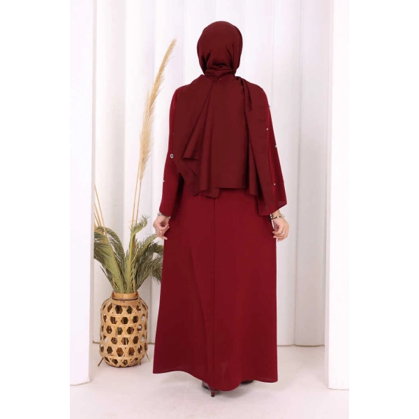Taş Detaylı Bel Kuşaklı Elbise 3797 Bordo