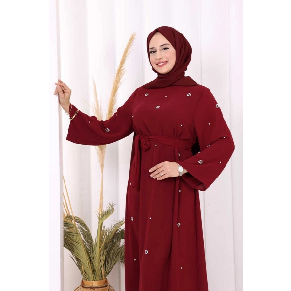Taş Detaylı Bel Kuşaklı Elbise 3797 Bordo