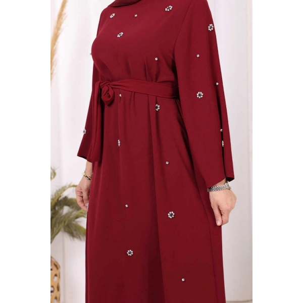 Taş Detaylı Bel Kuşaklı Elbise 3797 Bordo
