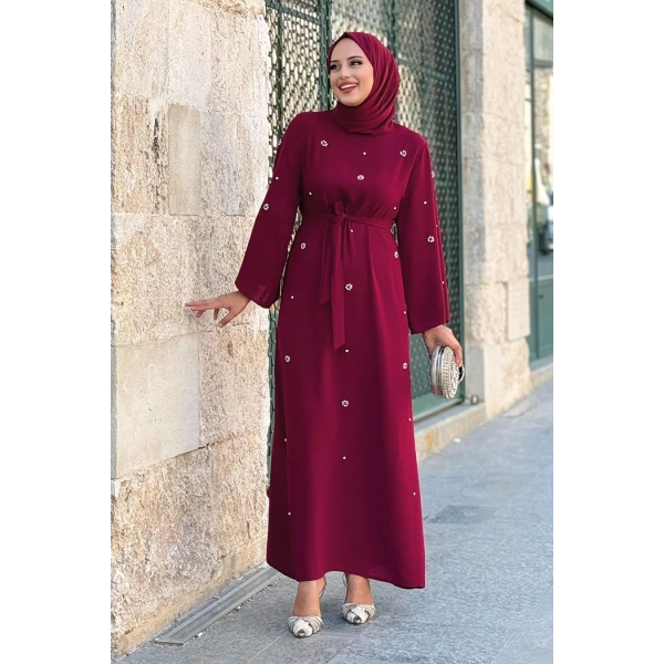 Taş Detaylı Bel Kuşaklı Elbise 3797 Bordo