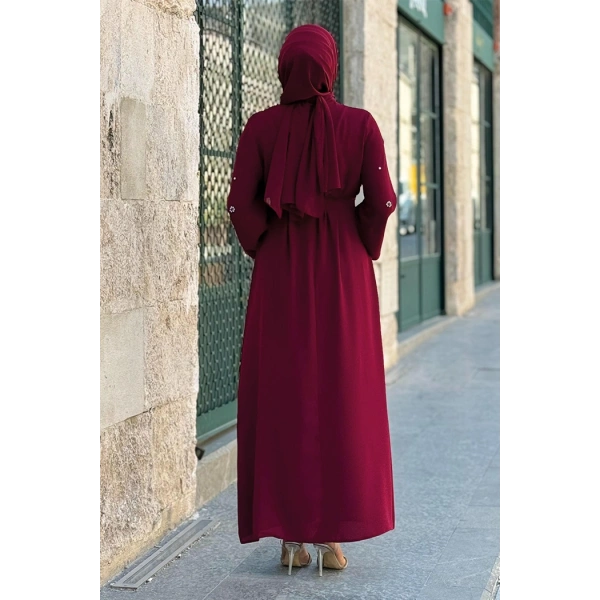 Taş Detaylı Bel Kuşaklı Elbise 3797 Bordo