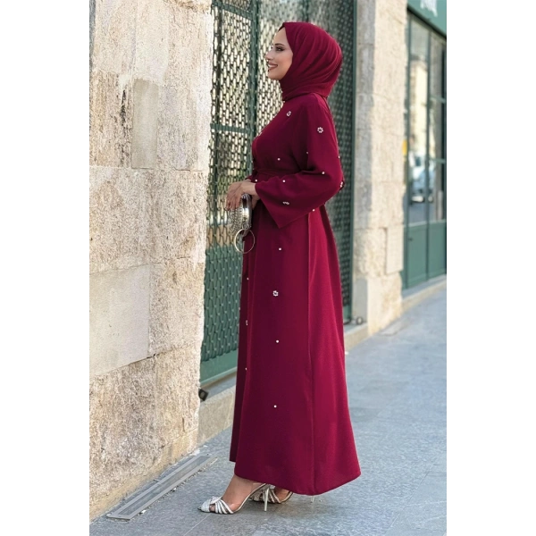 Taş Detaylı Bel Kuşaklı Elbise 3797 Bordo