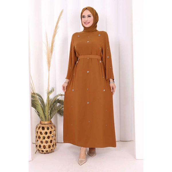 Taş Detaylı Bel Kuşaklı Elbise 3797 Taba