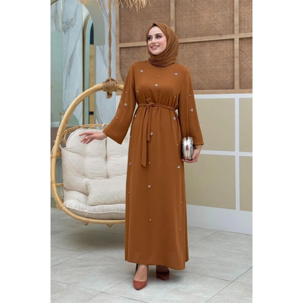Taş Detaylı Bel Kuşaklı Elbise 3797 Taba