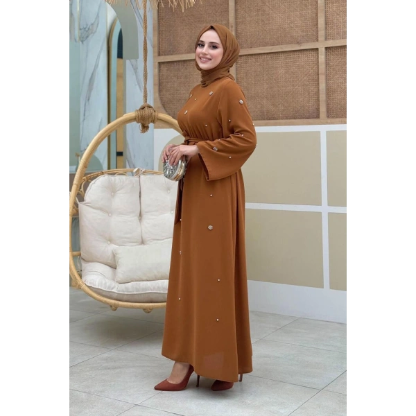 Taş Detaylı Bel Kuşaklı Elbise 3797 Taba