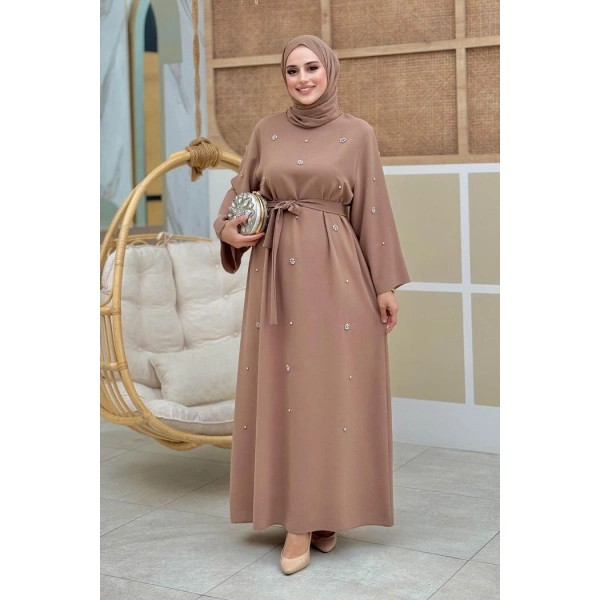 Taş Detaylı Bel Kuşaklı Elbise 3797 Vizon