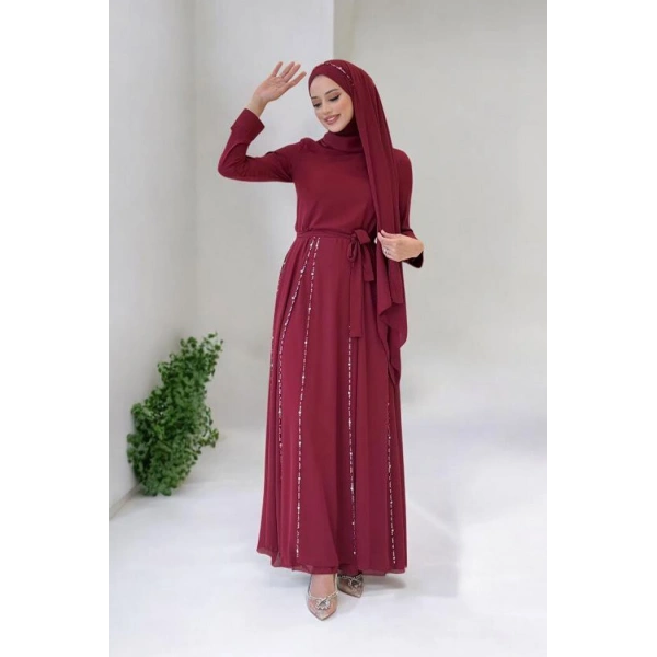 Taş Detaylı  Elbise ŞAL HEDİYE   3953 Bordo