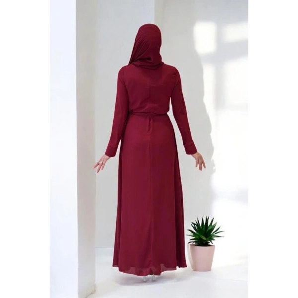 Taş Detaylı  Elbise ŞAL HEDİYE   3953 Bordo