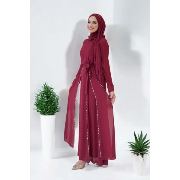 Taş Detaylı  Elbise ŞAL HEDİYE   3953 Bordo